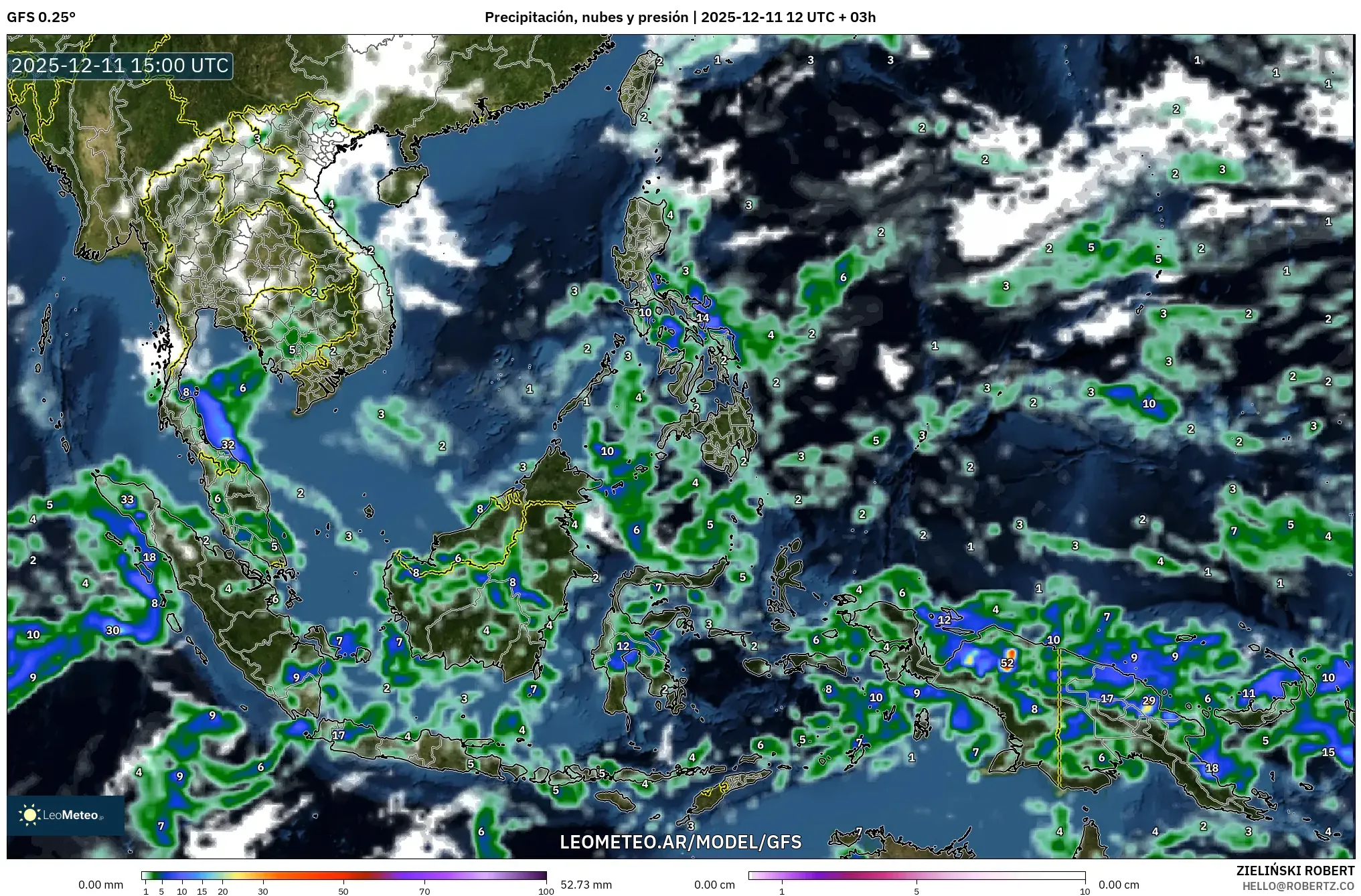 GFS model - Sudeste Asiático, Precipitación, nubes y presión