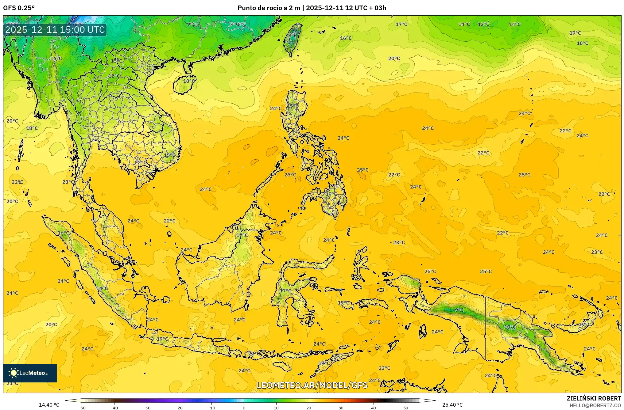 GFS model - Sudeste Asiático, Punto de rocío a 2 m
