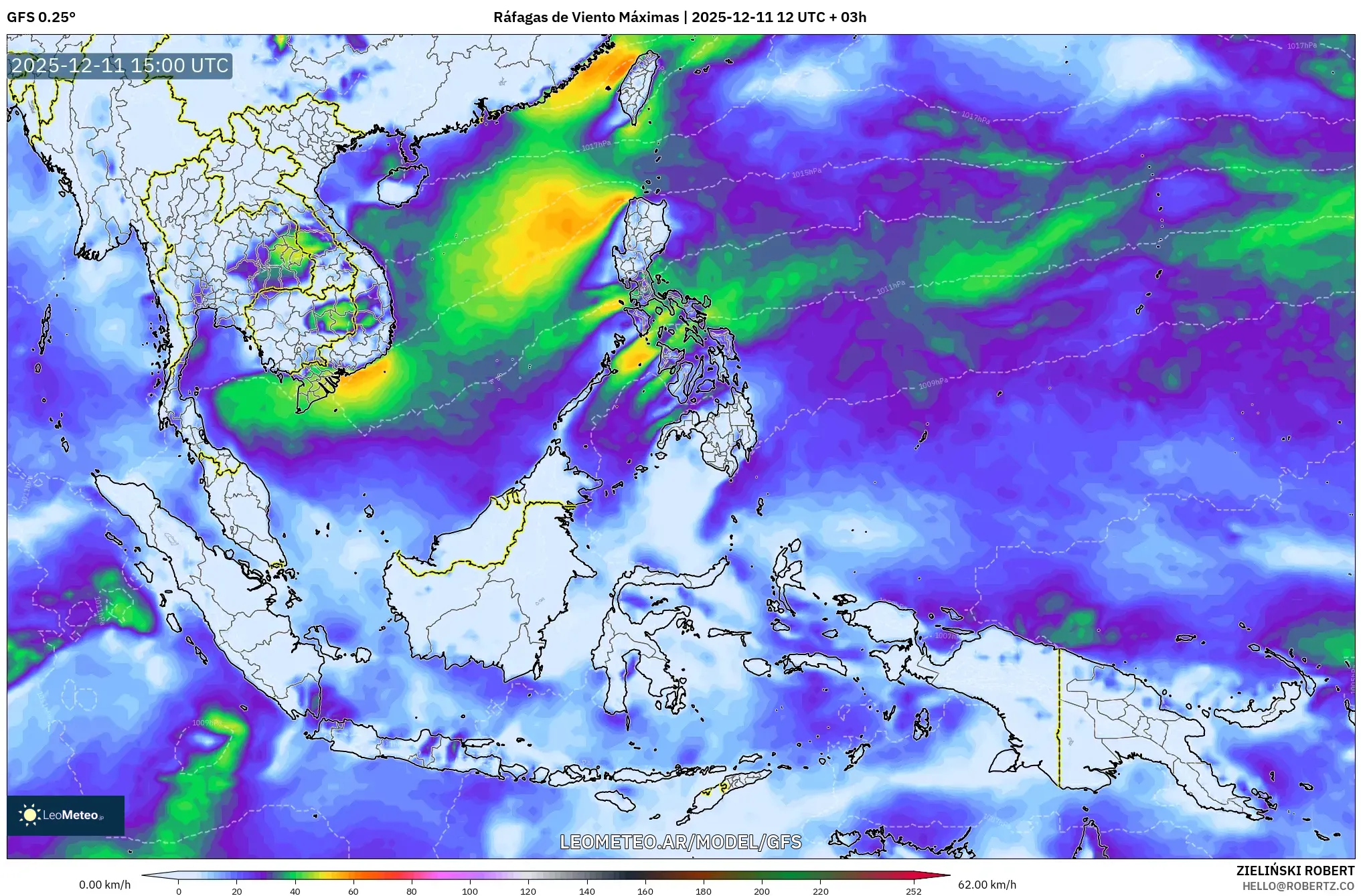 GFS model - Sudeste Asiático, Ráfagas de Viento Máximas
