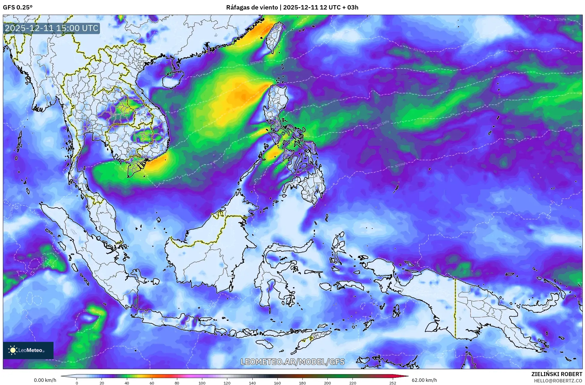 GFS model - Sudeste Asiático, Ráfagas de viento