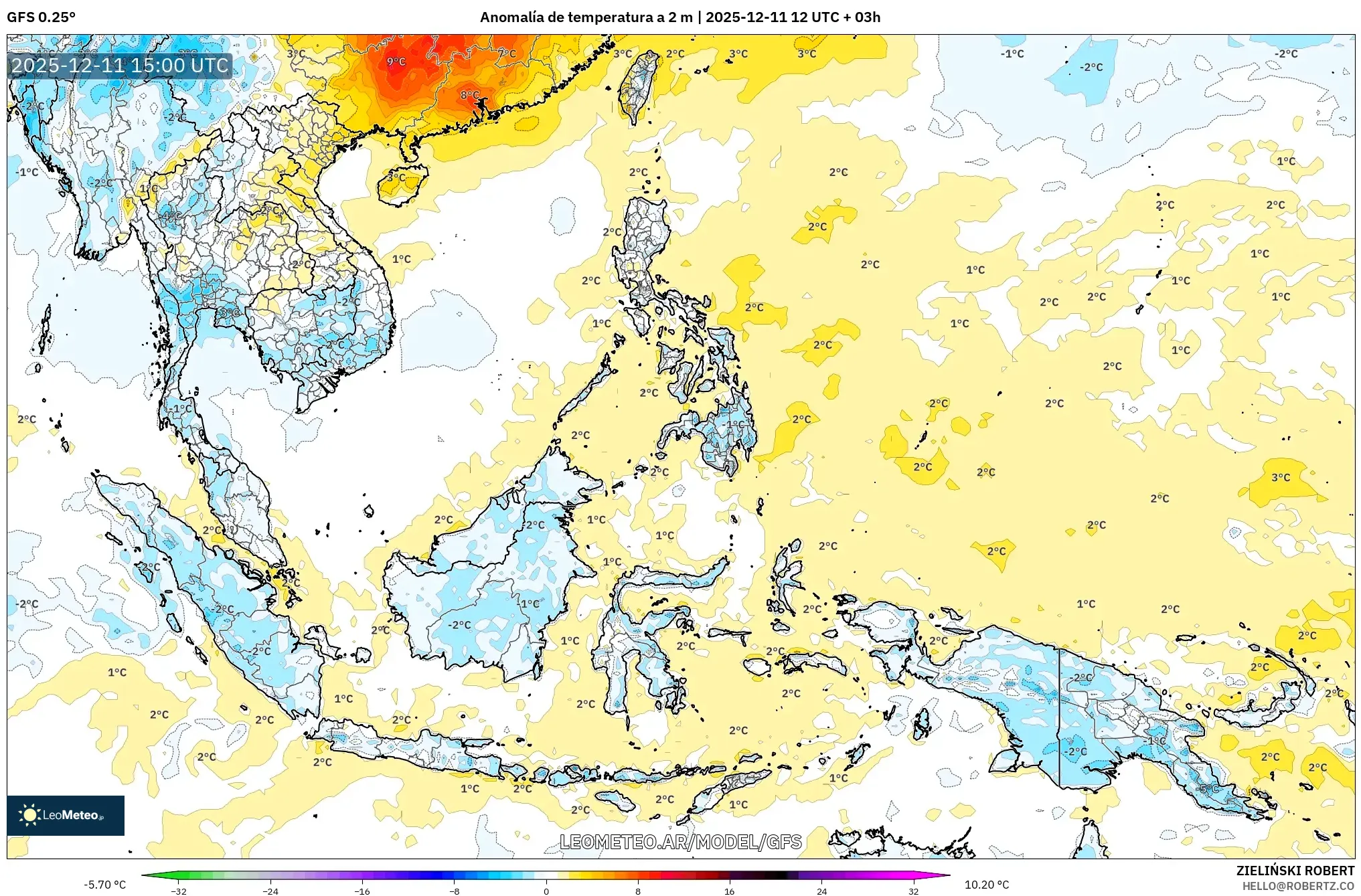 GFS model - Sudeste Asiático, Anomalía de temperatura a 2 m