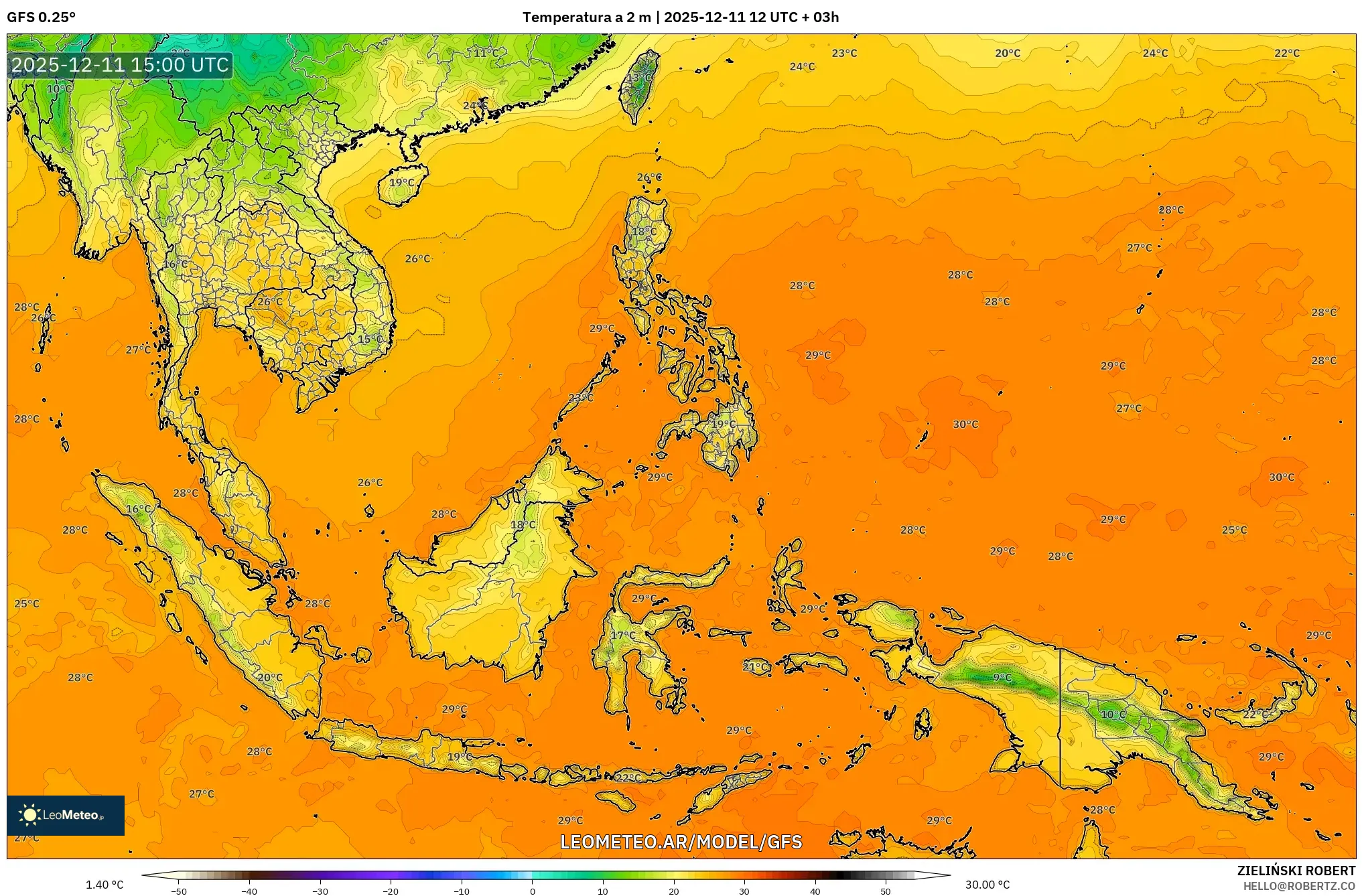 GFS model - Sudeste Asiático, Temperatura a 2 m