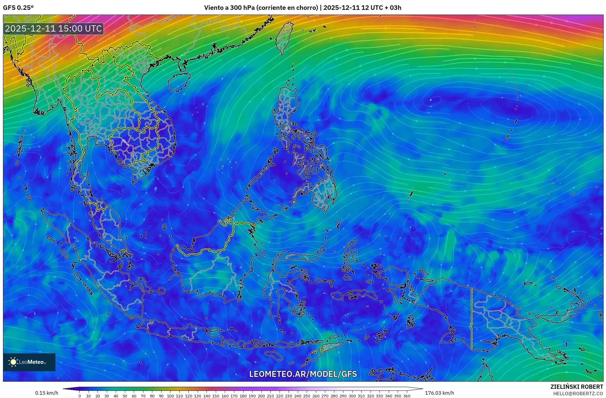 GFS model - Sudeste Asiático, Viento a 300 hPa (corriente en chorro)