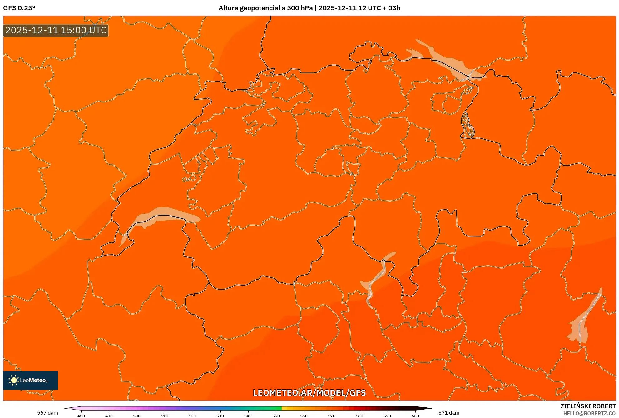 GFS model - Suiza, Altura geopotencial a 500 hPa