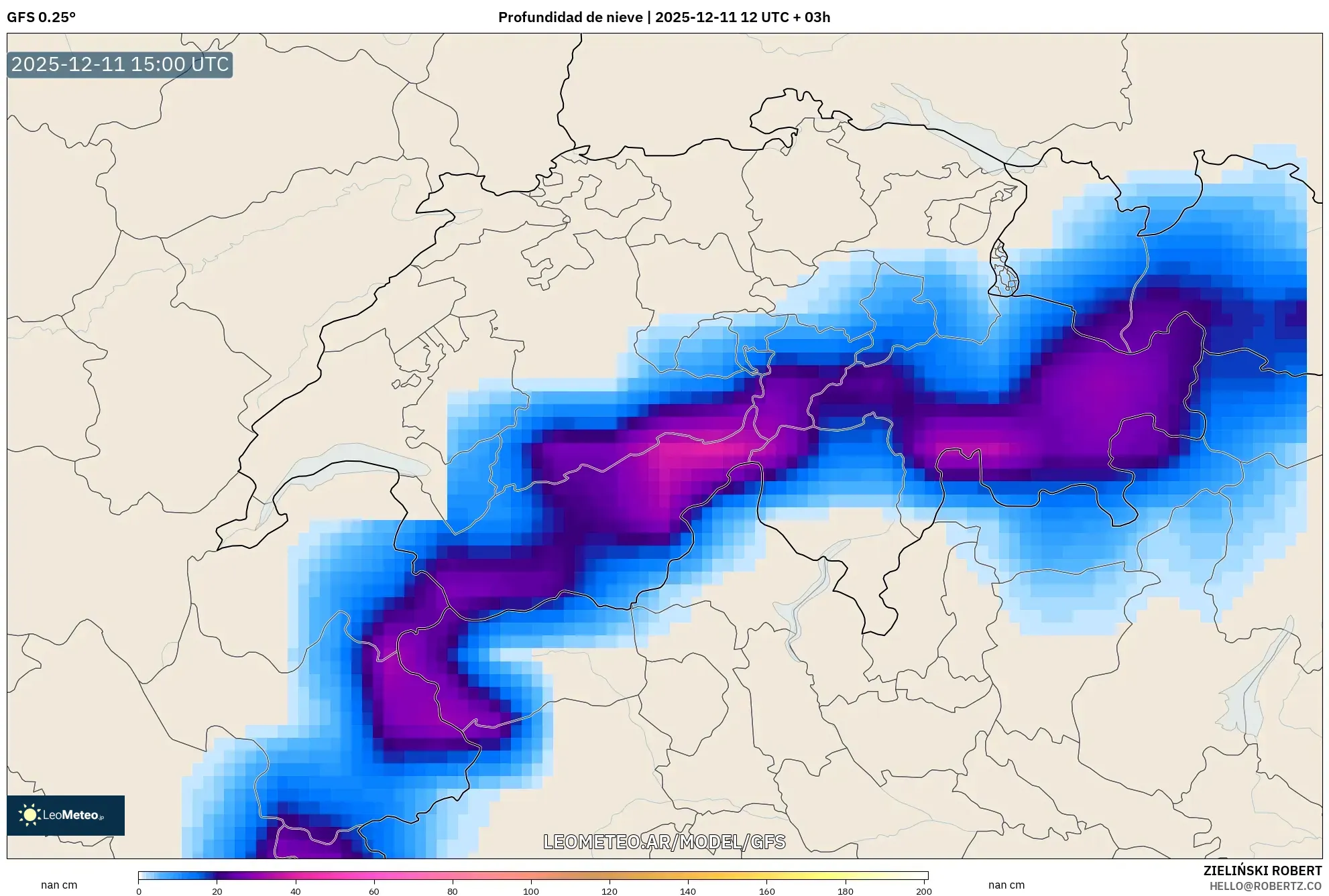 GFS model - Suiza, Profundidad de nieve