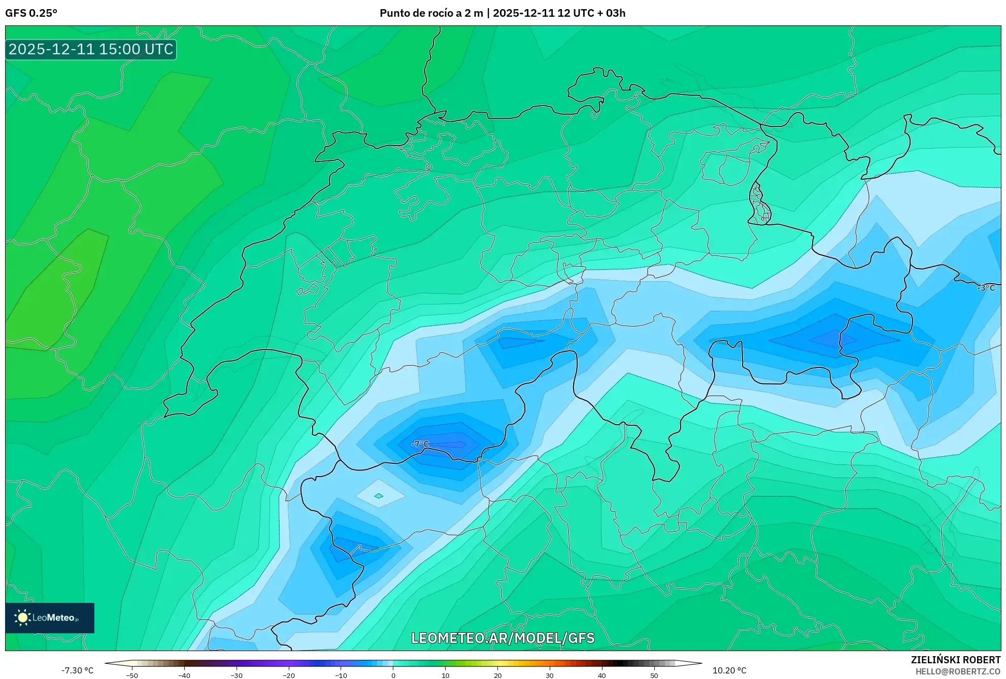 GFS model - Suiza, Punto de rocío a 2 m