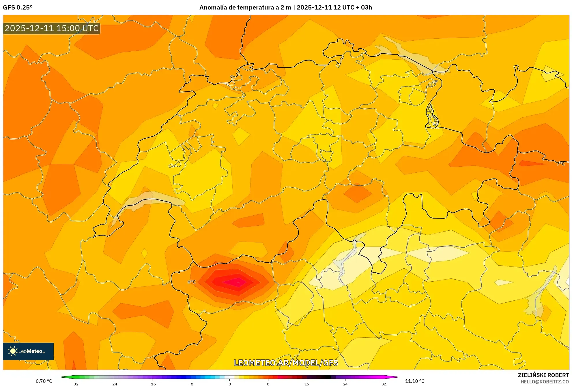 GFS model - Suiza, Anomalía de temperatura a 2 m