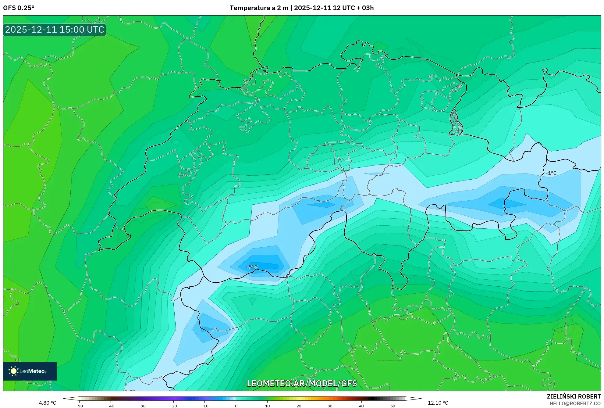GFS model - Suiza, Temperatura a 2 m