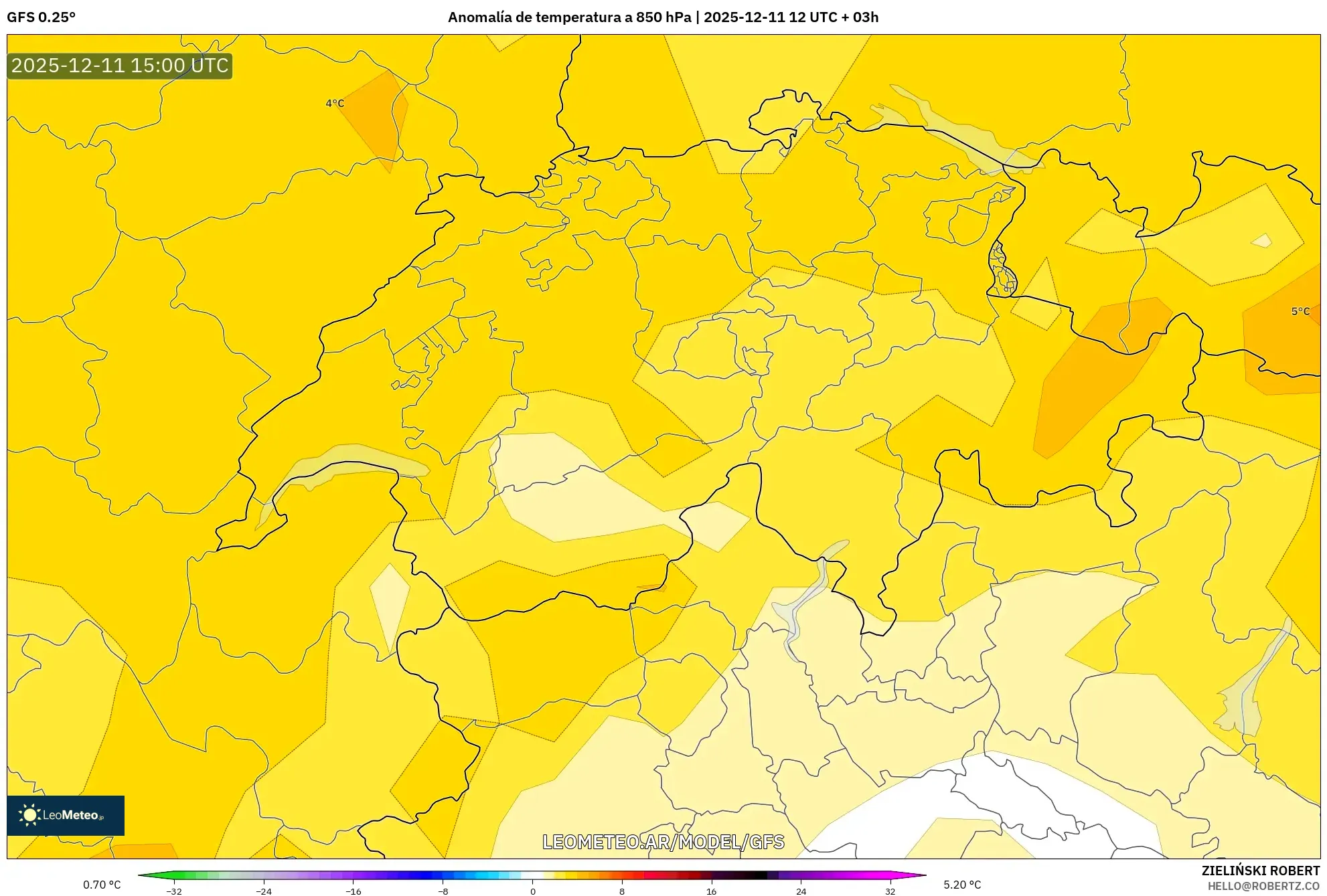GFS model - Suiza, Anomalía de temperatura a 850 hPa
