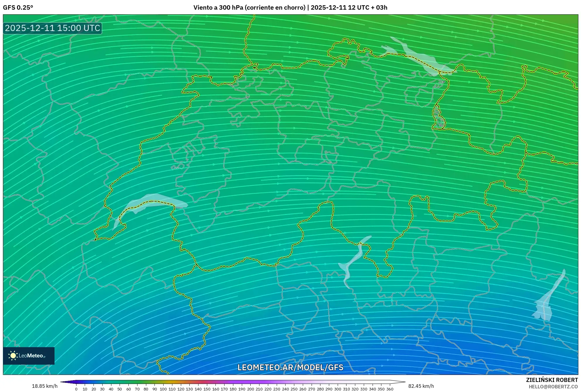 GFS model - Suiza, Viento a 300 hPa (corriente en chorro)