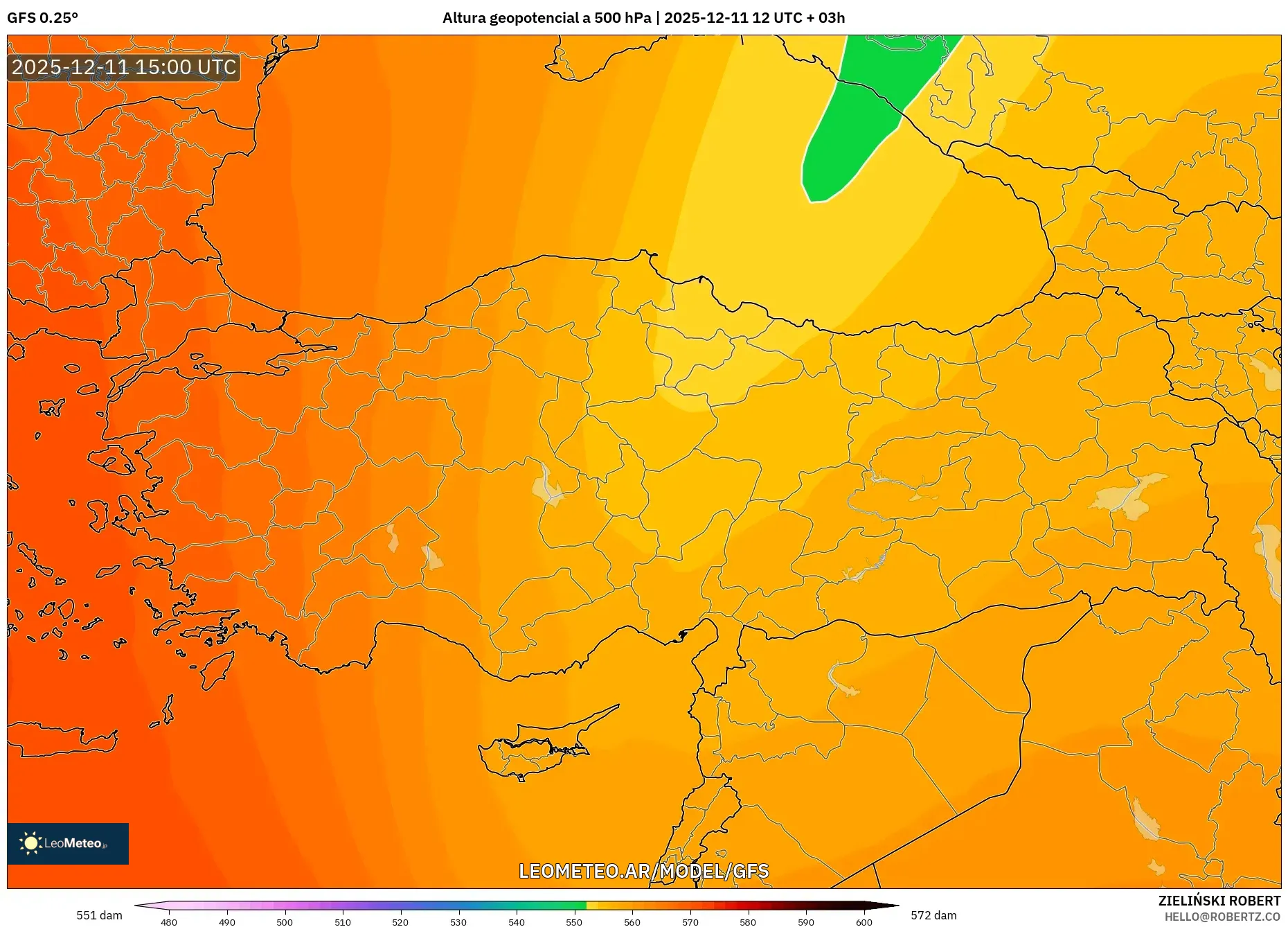 GFS model - Turquía, Altura geopotencial a 500 hPa