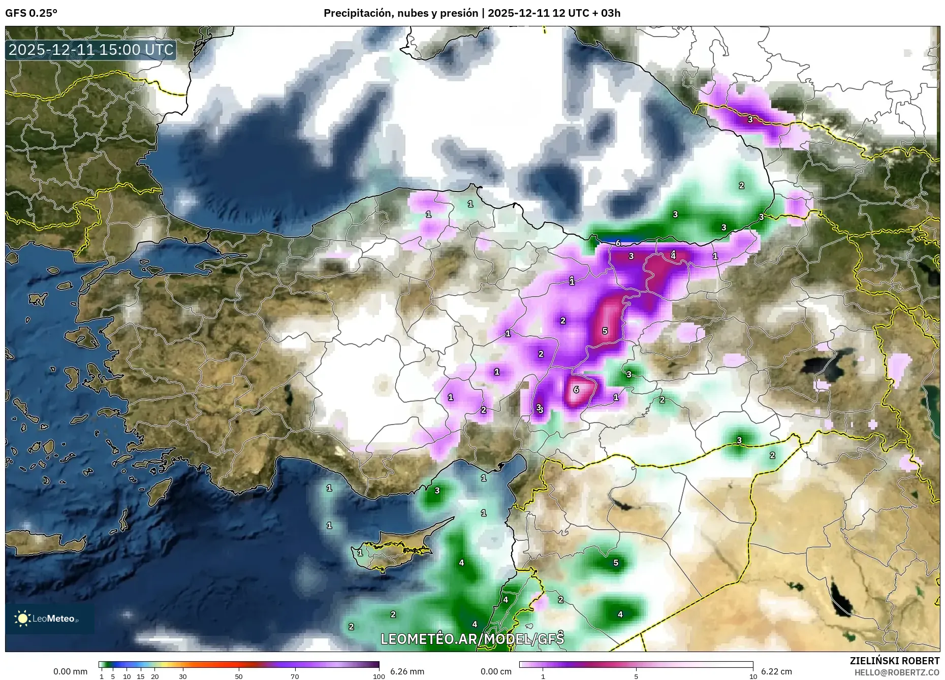 GFS model - Turquía, Precipitación, nubes y presión