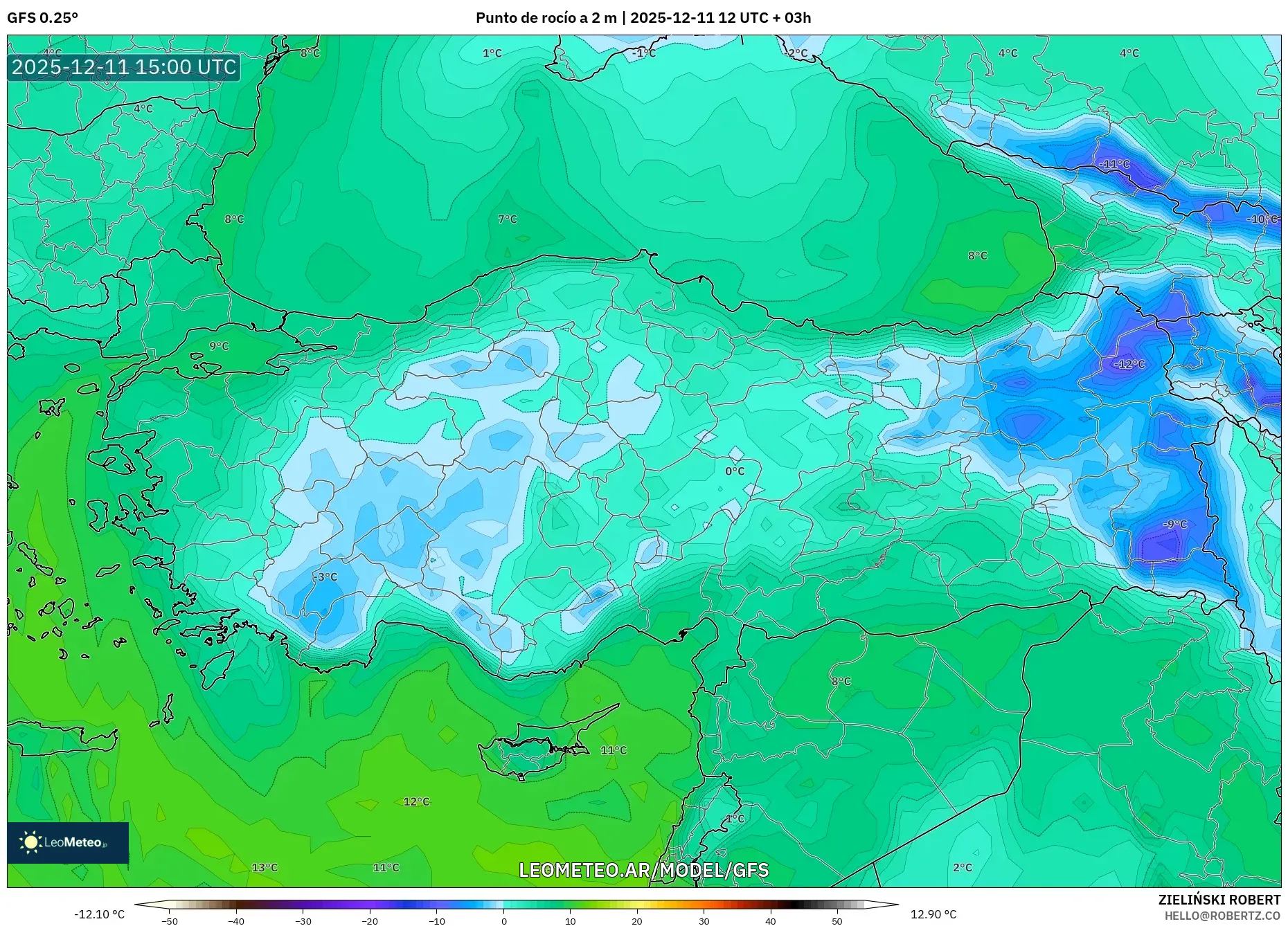 GFS model - Turquía, Punto de rocío a 2 m