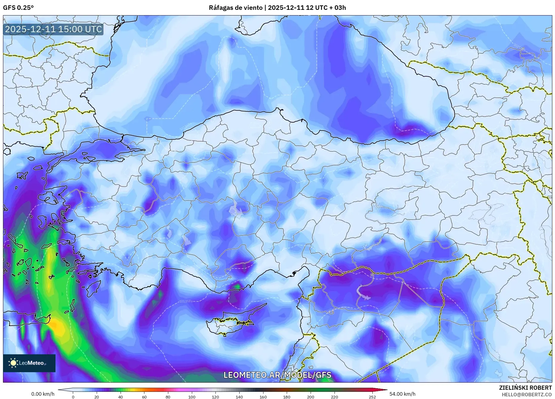 GFS model - Turquía, Ráfagas de viento