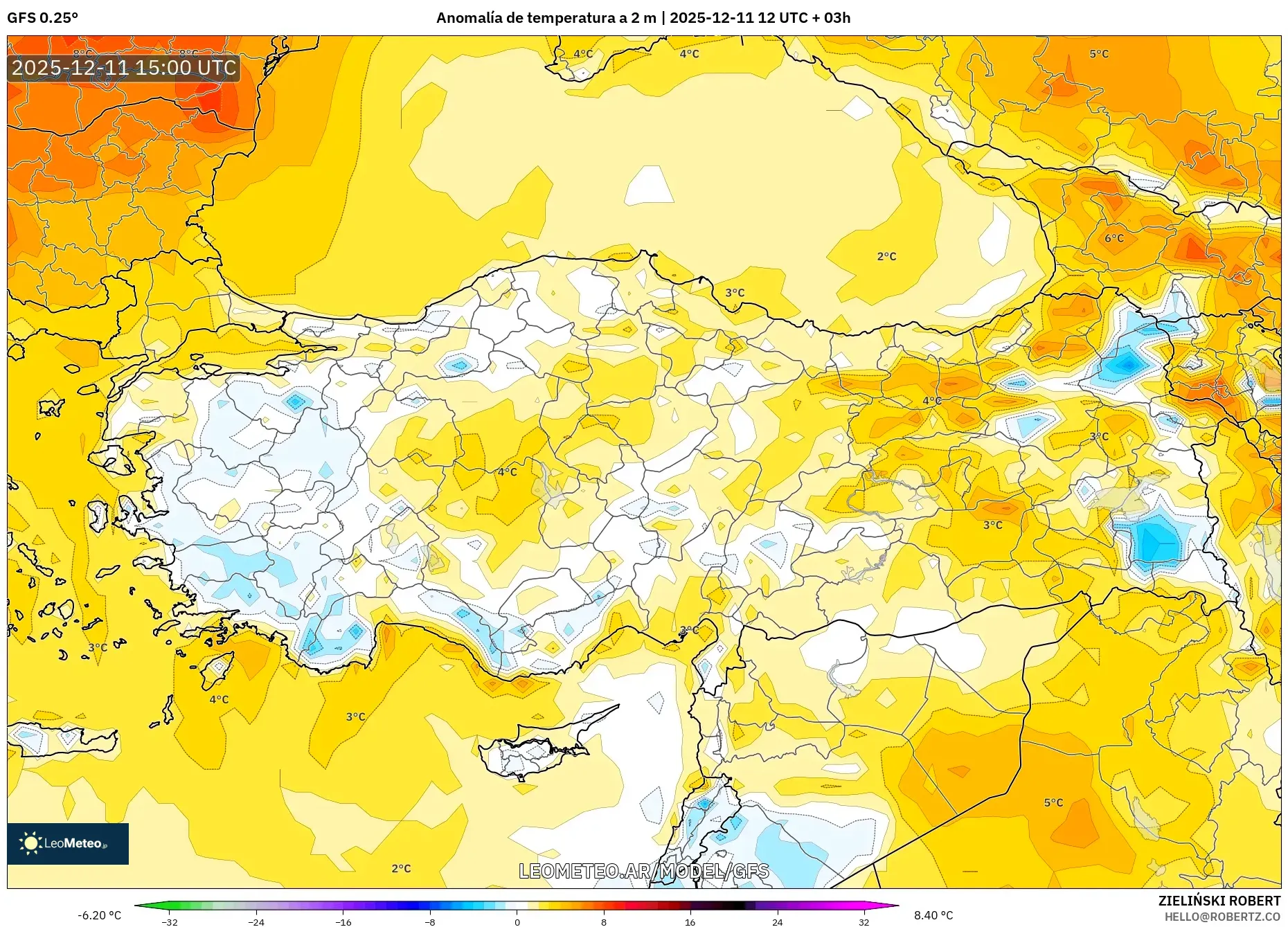 GFS model - Turquía, Anomalía de temperatura a 2 m