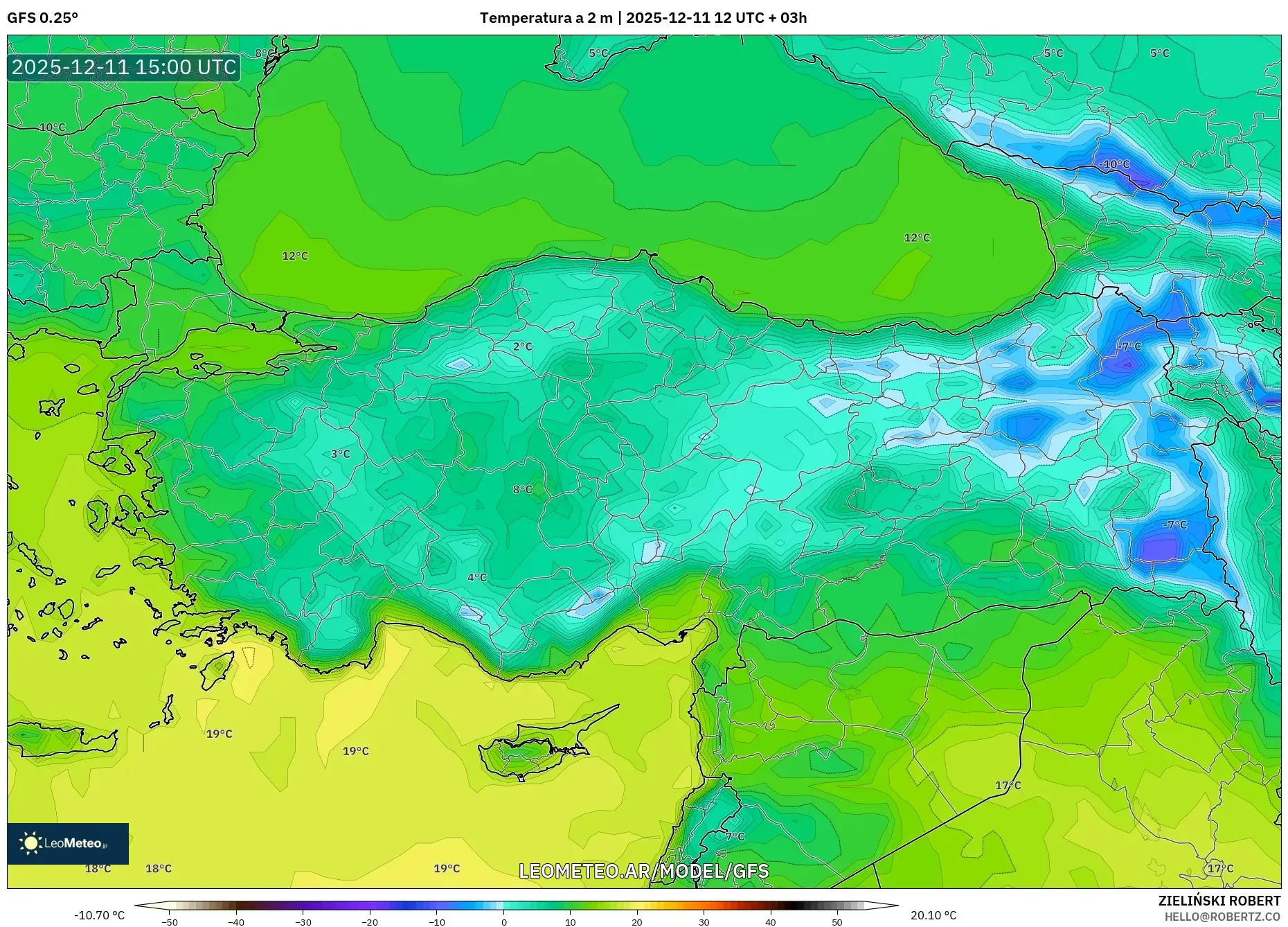 GFS model - Turquía, Temperatura a 2 m