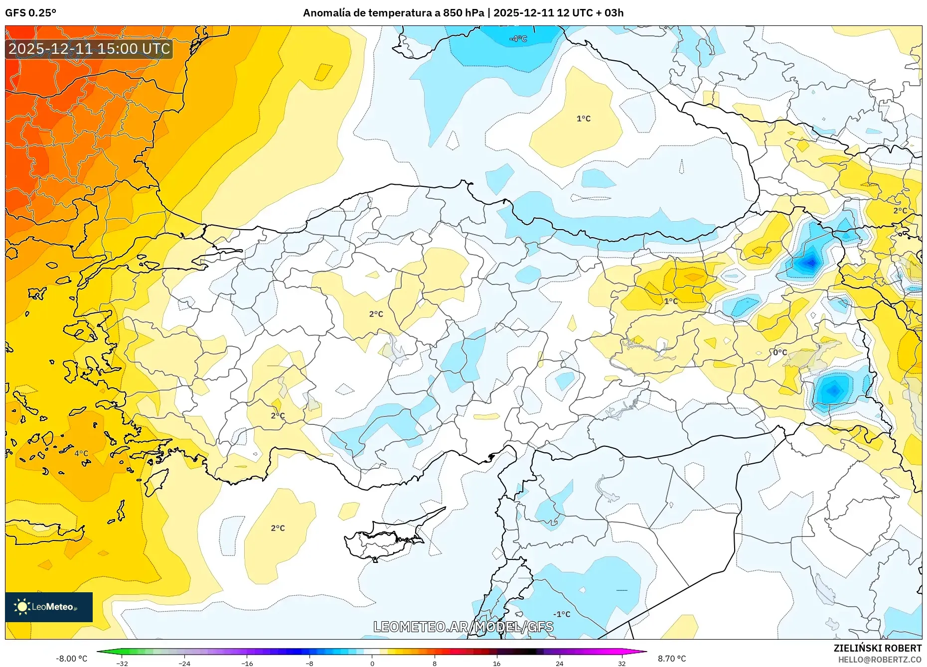 GFS model - Turquía, Anomalía de temperatura a 850 hPa
