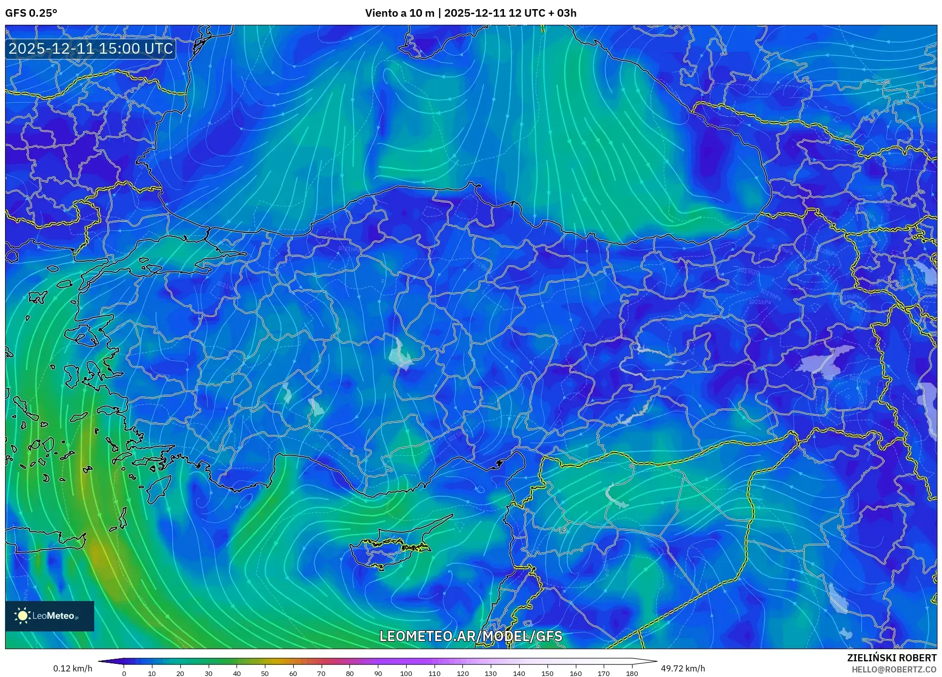 GFS model - Turquía, Viento a 10 m