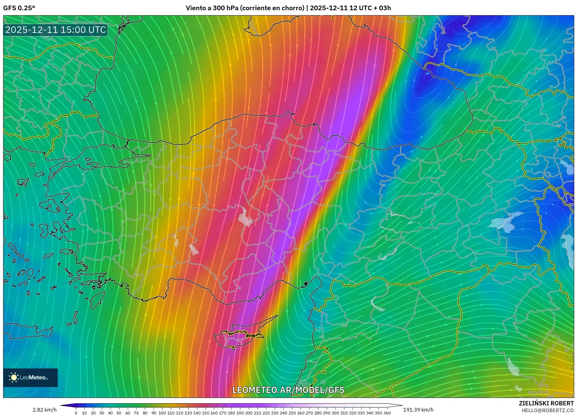 GFS model - Turquía, Viento a 300 hPa (corriente en chorro)