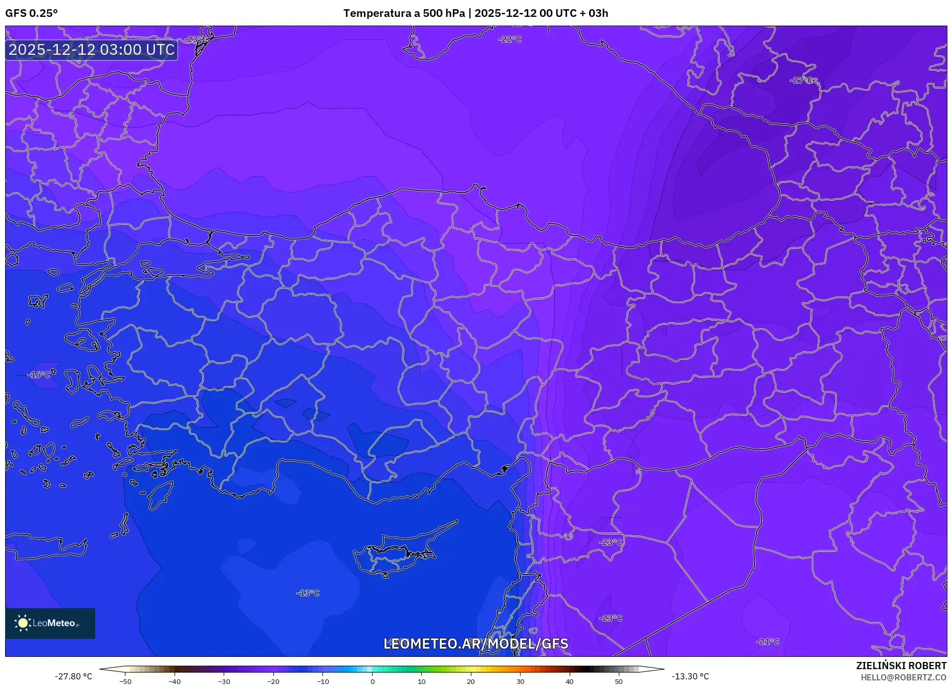 GFS model - Turquía, Temperatura a 500 hPa