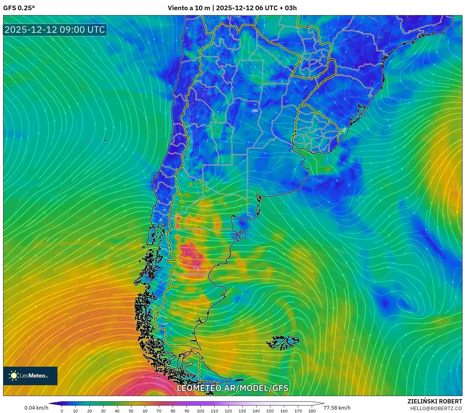 GFS model - Argentina, Viento a 10 m