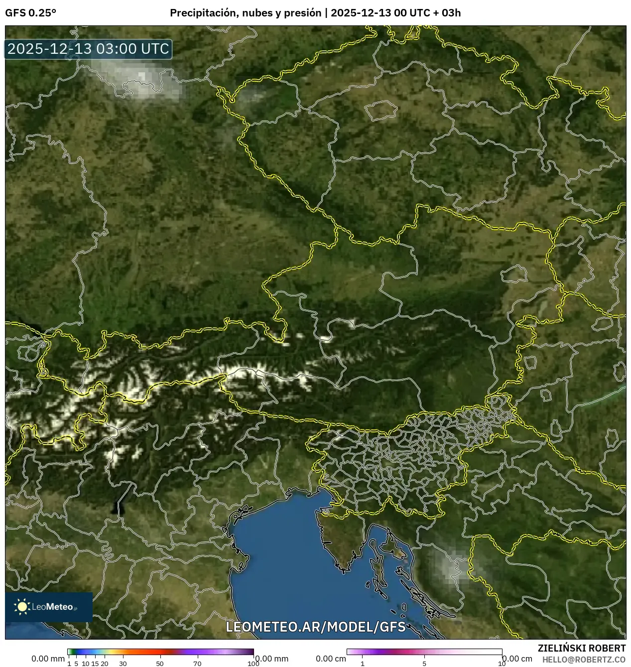 GFS model - Austria, Precipitación, nubes y presión