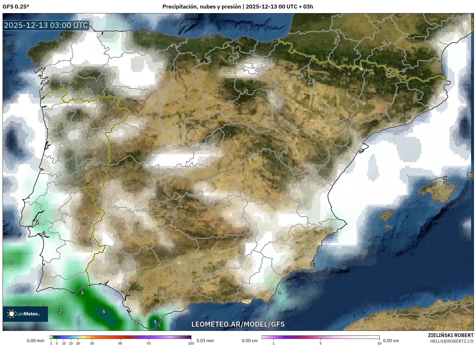 GFS model - España, Precipitación, nubes y presión