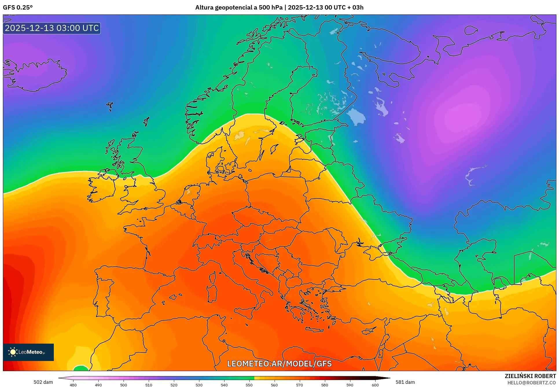 GFS model - Europa, Altura geopotencial a 500 hPa