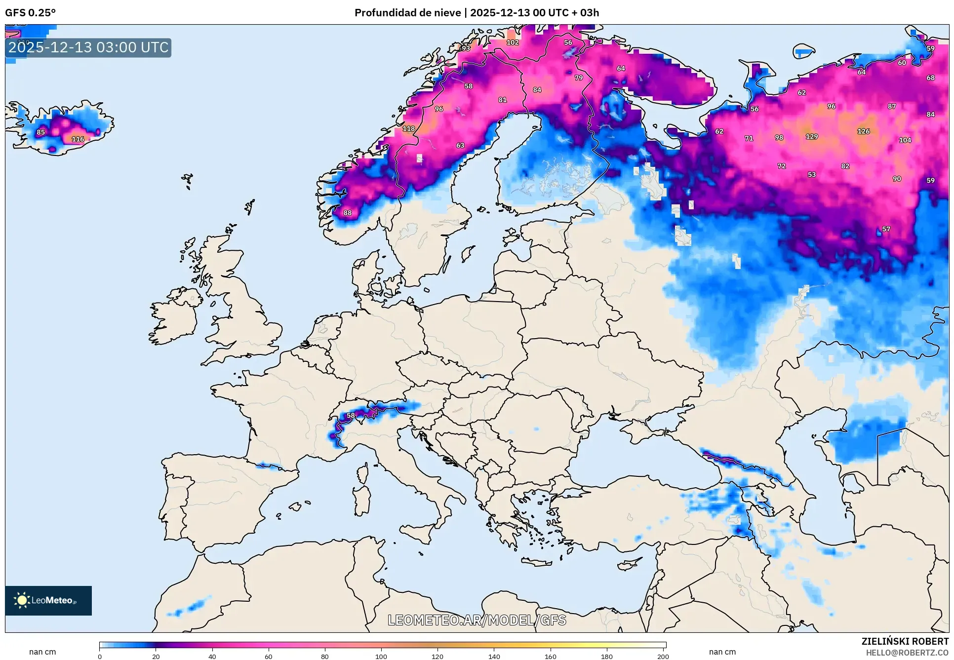 GFS model - Europa, Profundidad de nieve