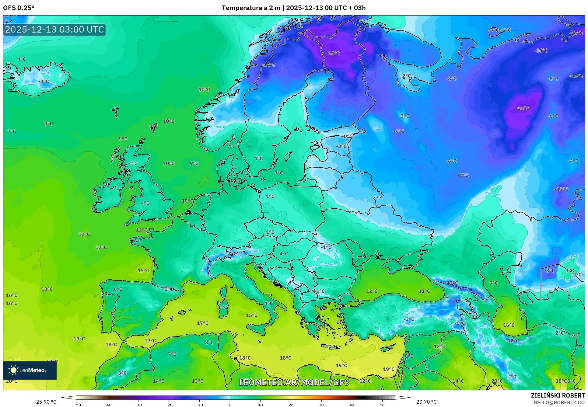 GFS model - Europa, Temperatura a 2 m