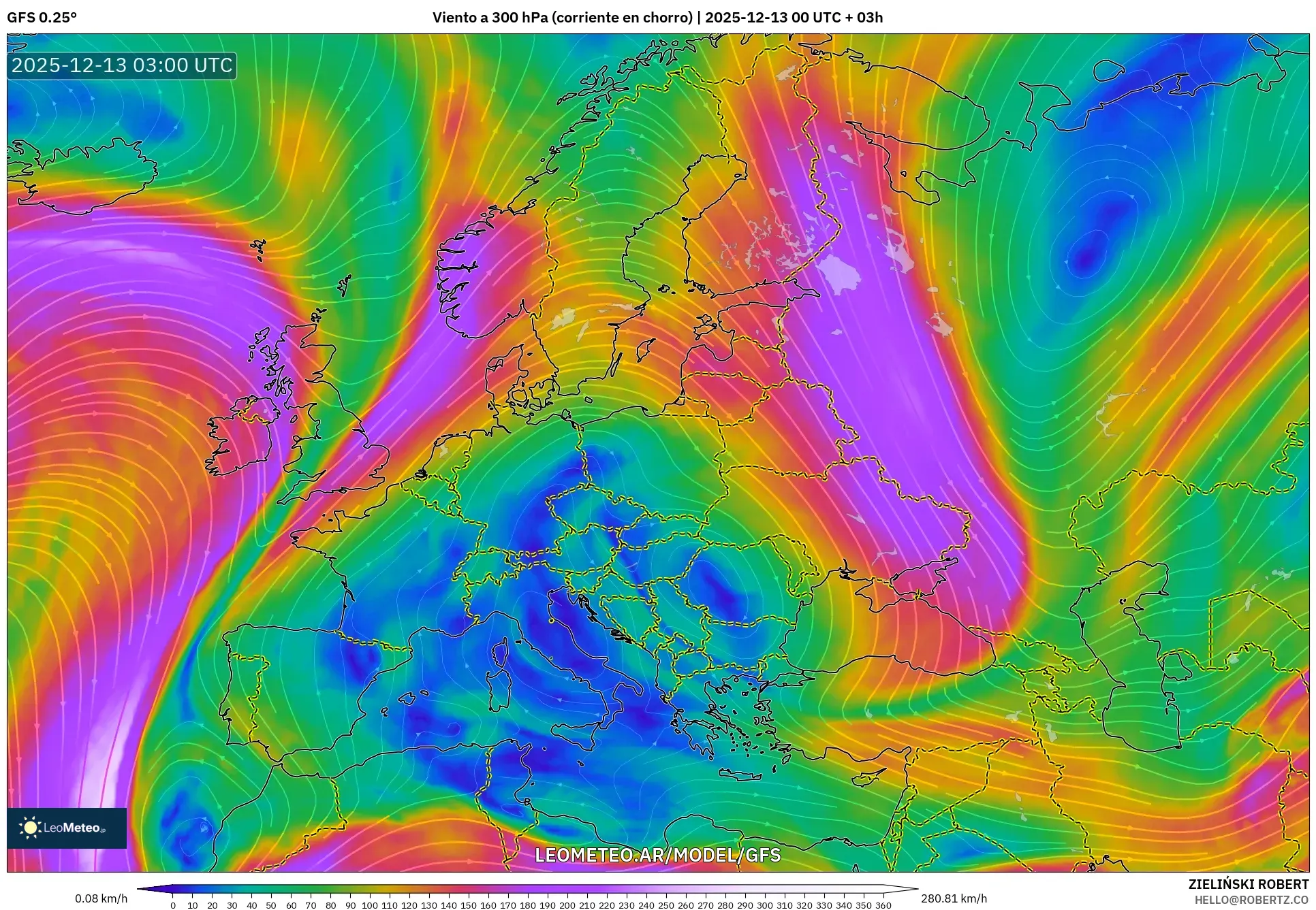 GFS model - Europa, Viento a 300 hPa (corriente en chorro)