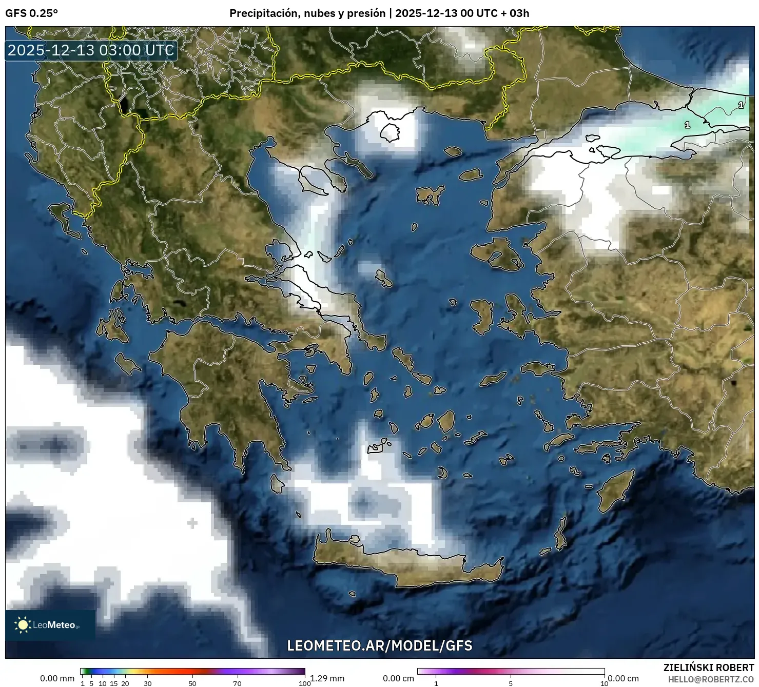 GFS model - Grecia, Precipitación, nubes y presión