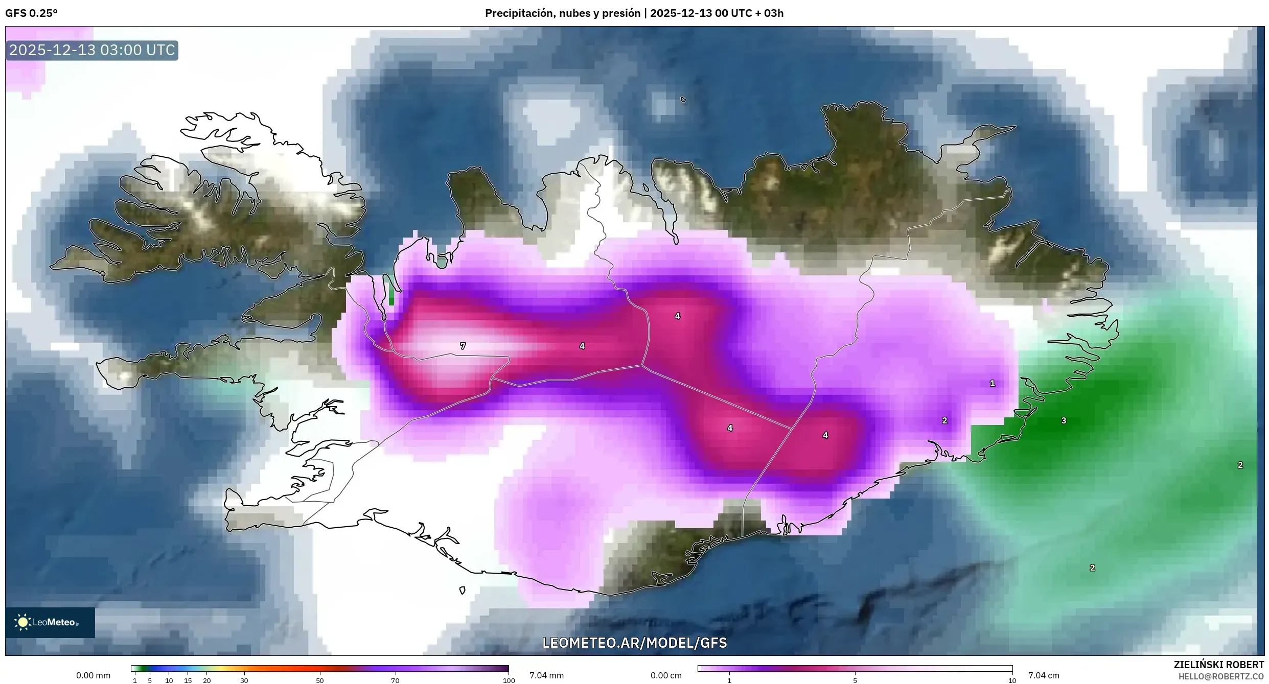 GFS model - Islandia, Precipitación, nubes y presión