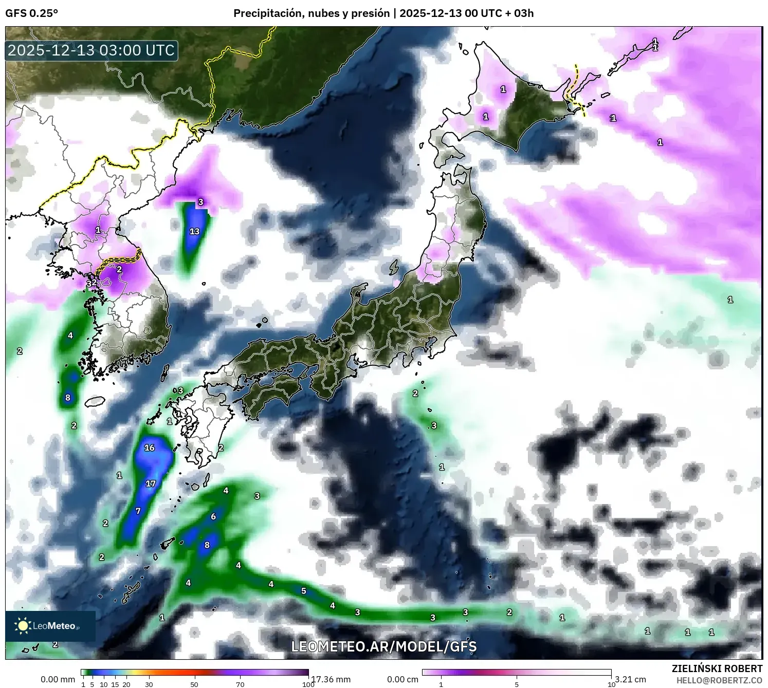 GFS model - Japón, Precipitación, nubes y presión