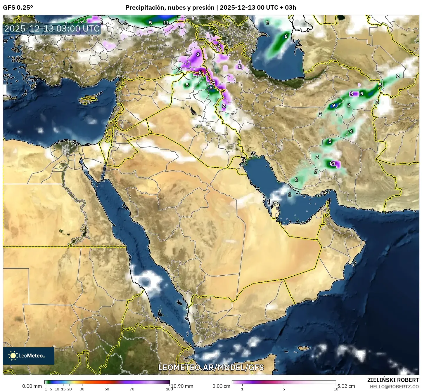 GFS model - Oriente Medio, Precipitación, nubes y presión