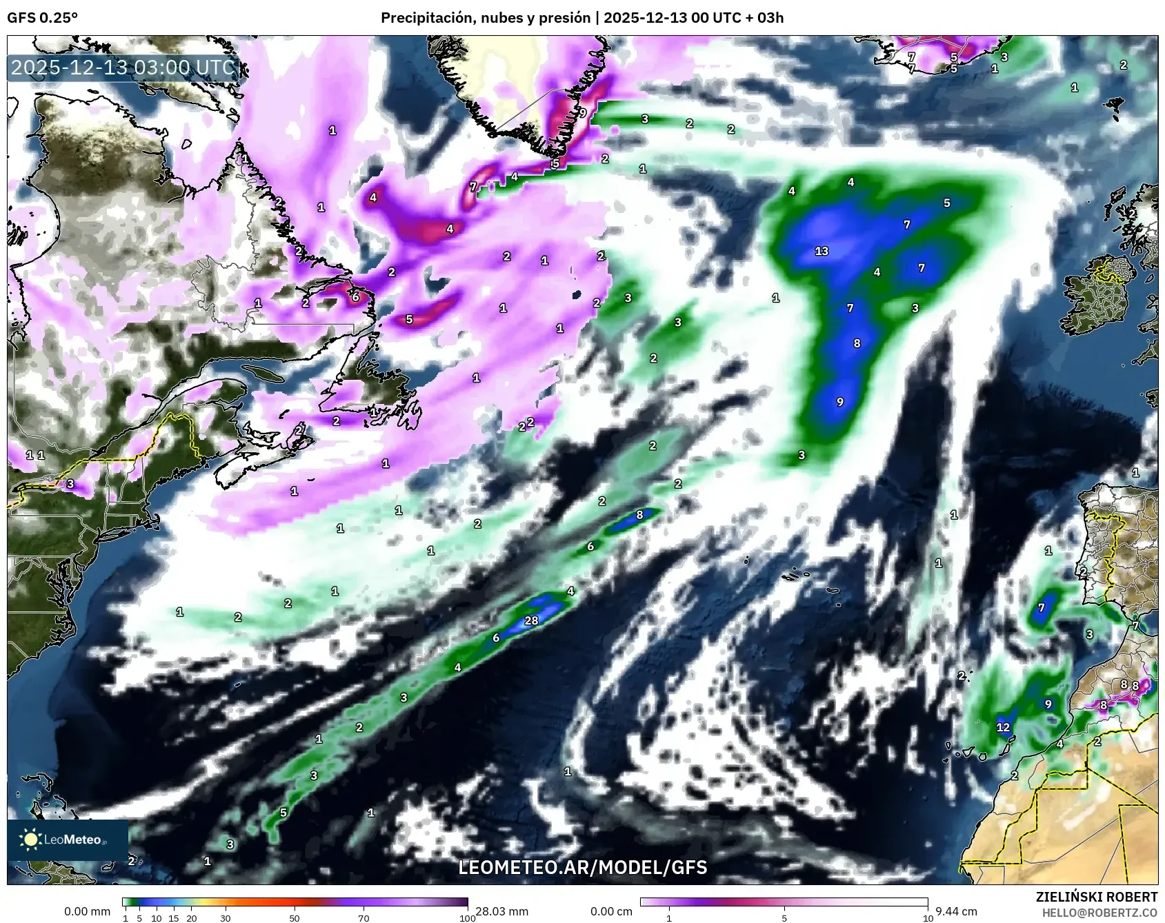 GFS model - Norte Atlántico, Precipitación, nubes y presión