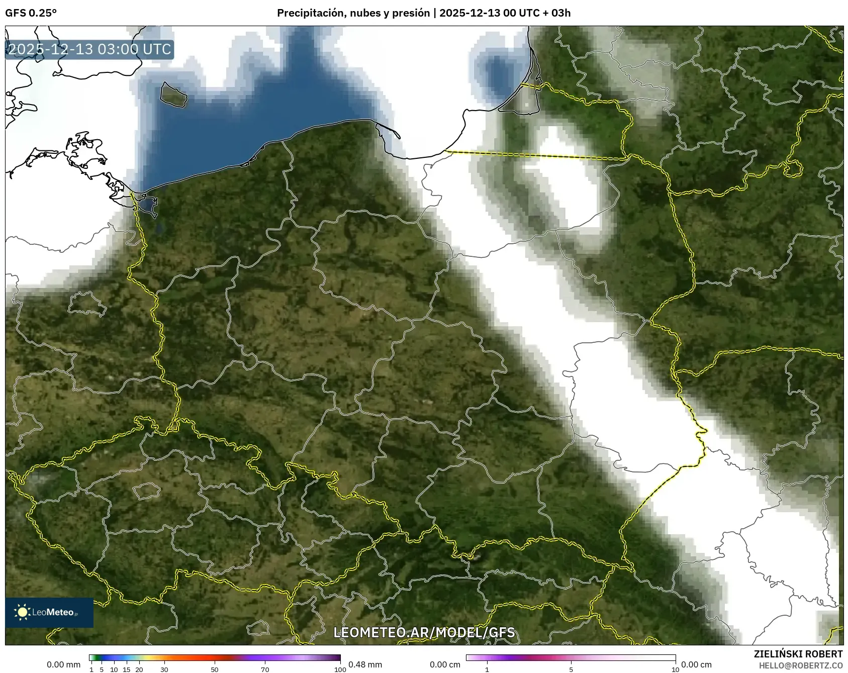 GFS model - Polonia, Precipitación, nubes y presión