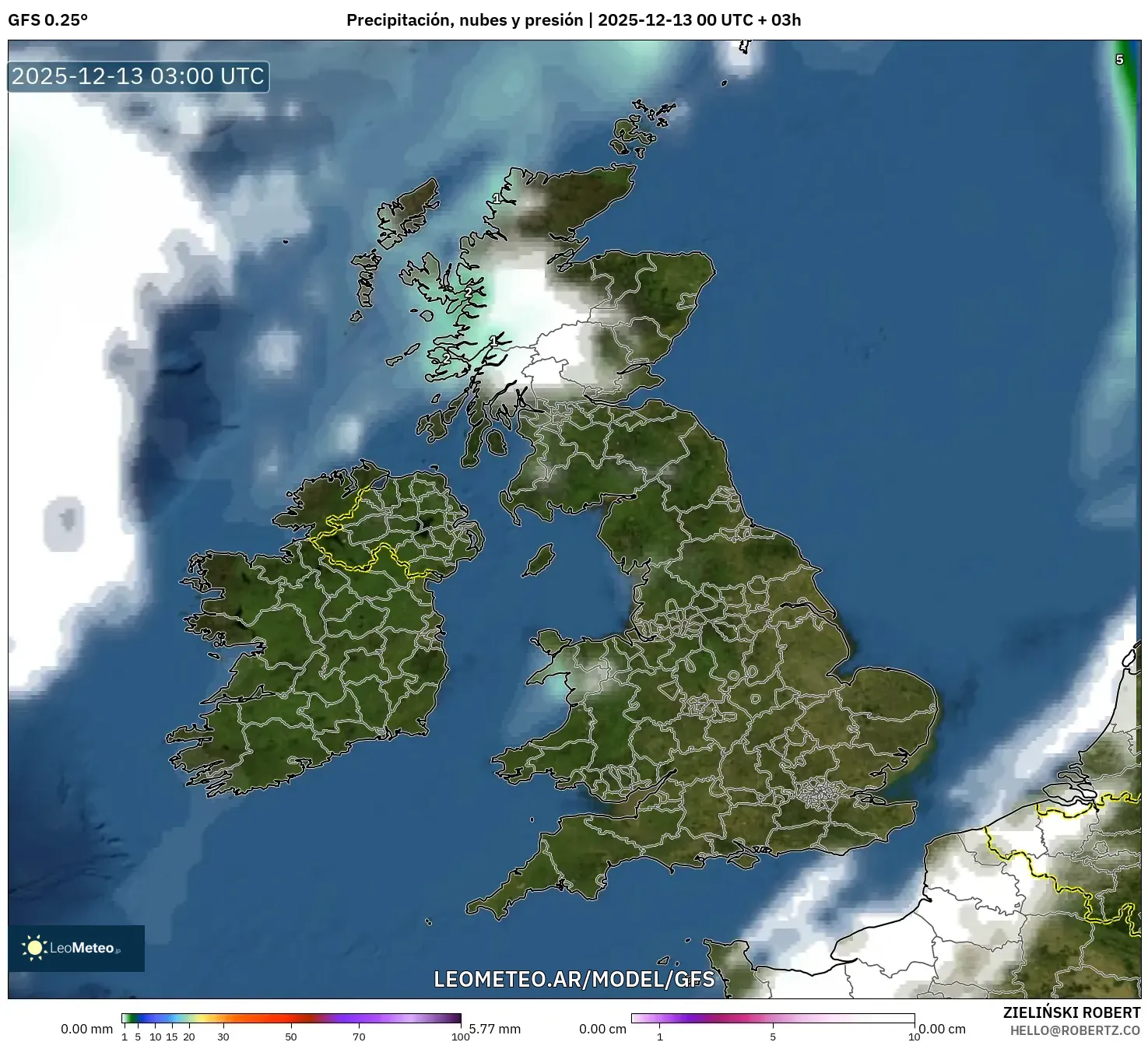 GFS model - Reino Unido, Precipitación, nubes y presión