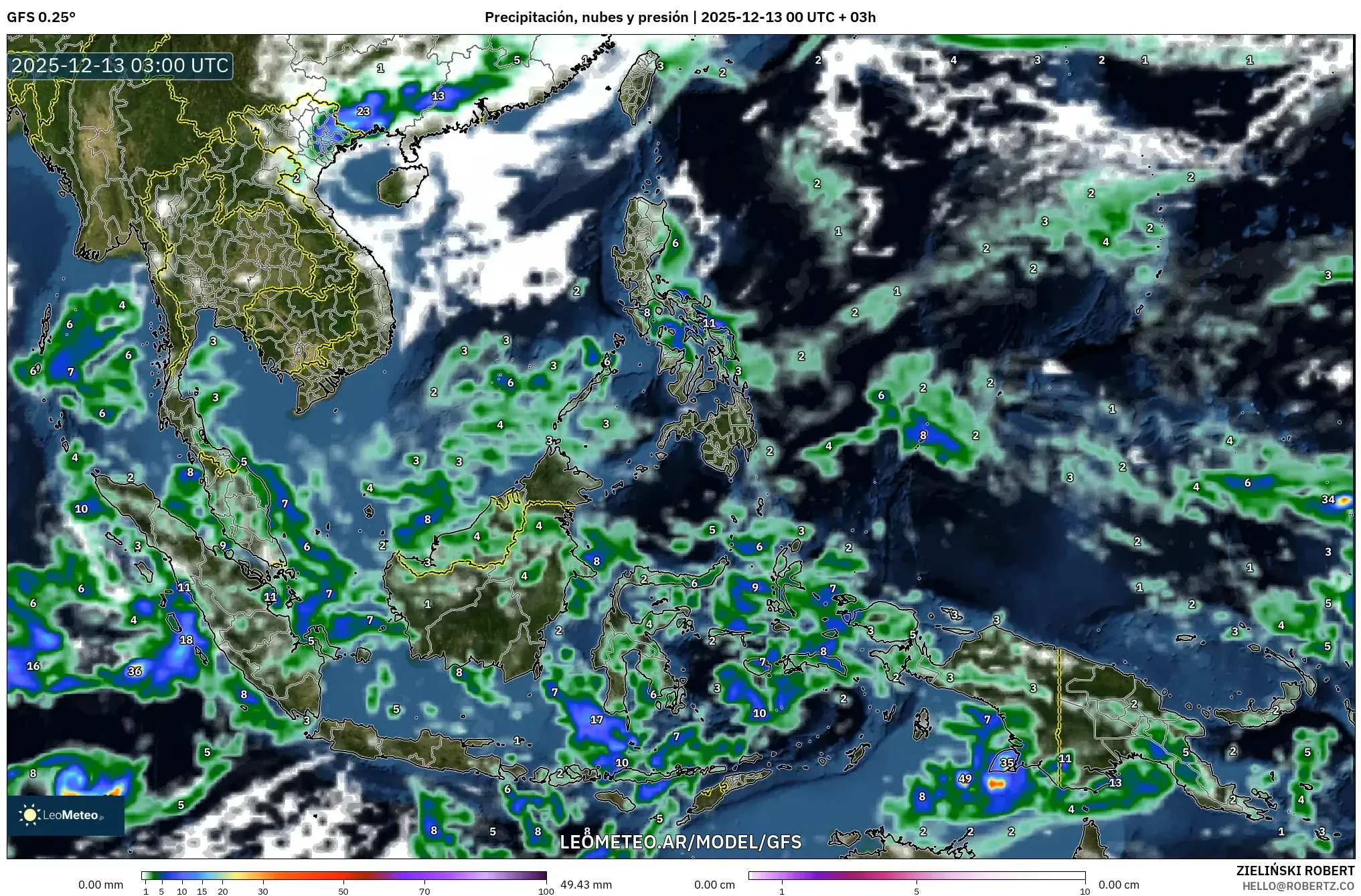 GFS model - Sudeste Asiático, Precipitación, nubes y presión