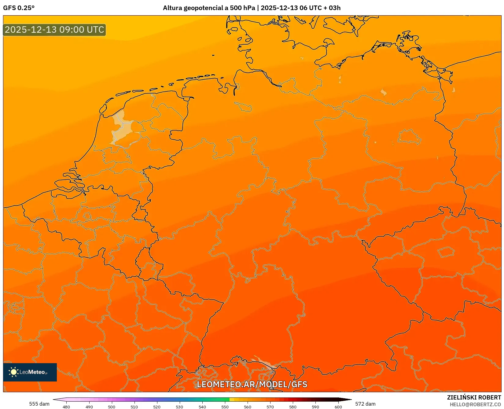 GFS model - Alemania, Altura geopotencial a 500 hPa