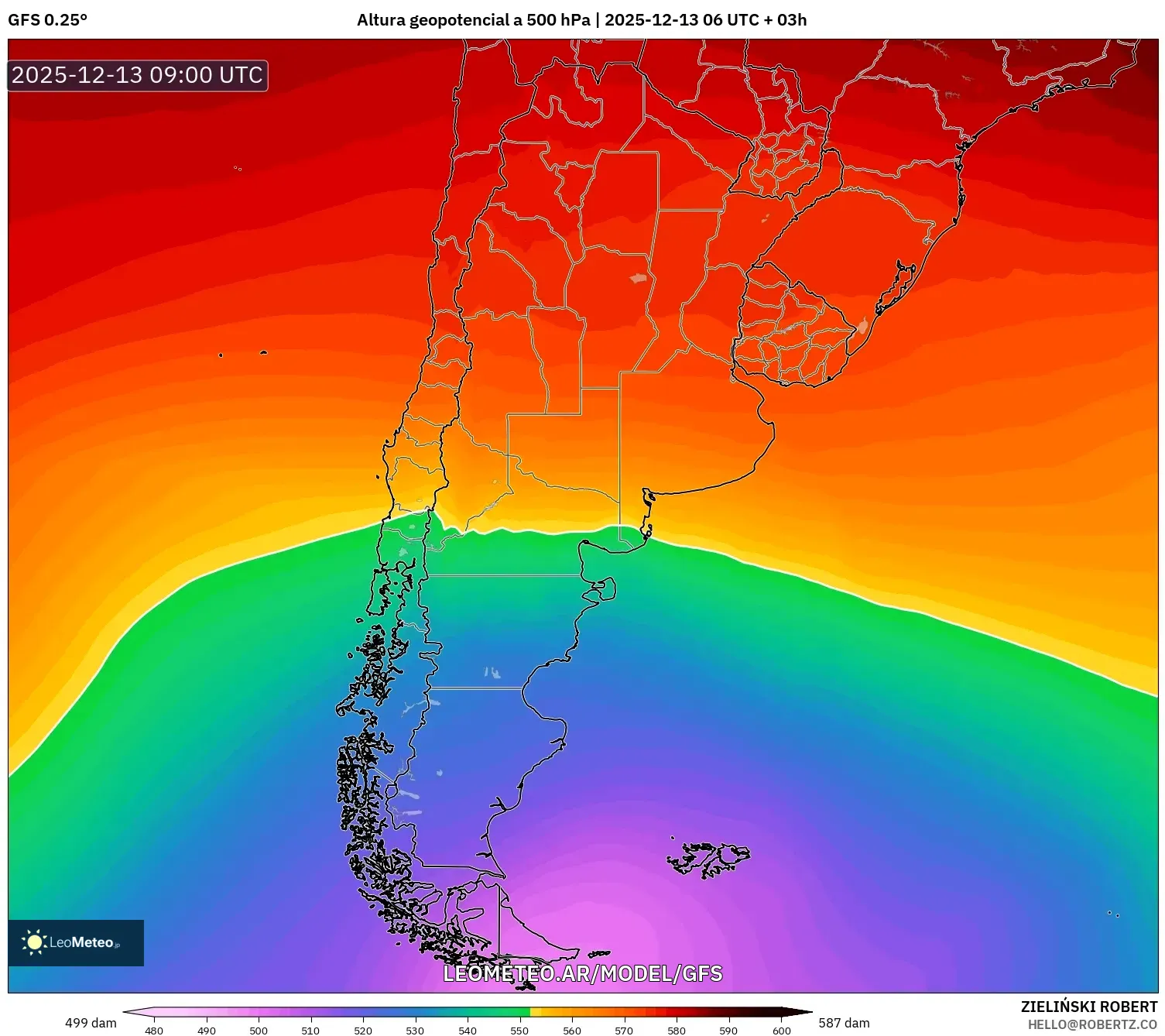 GFS model - Argentina, Altura geopotencial a 500 hPa