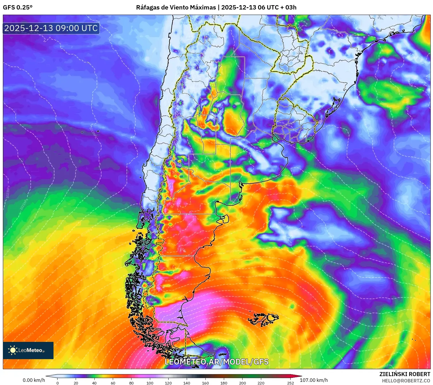 GFS model - Argentina, Ráfagas de Viento Máximas
