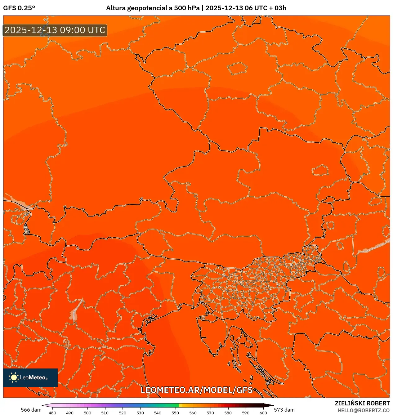 GFS model - Austria, Altura geopotencial a 500 hPa