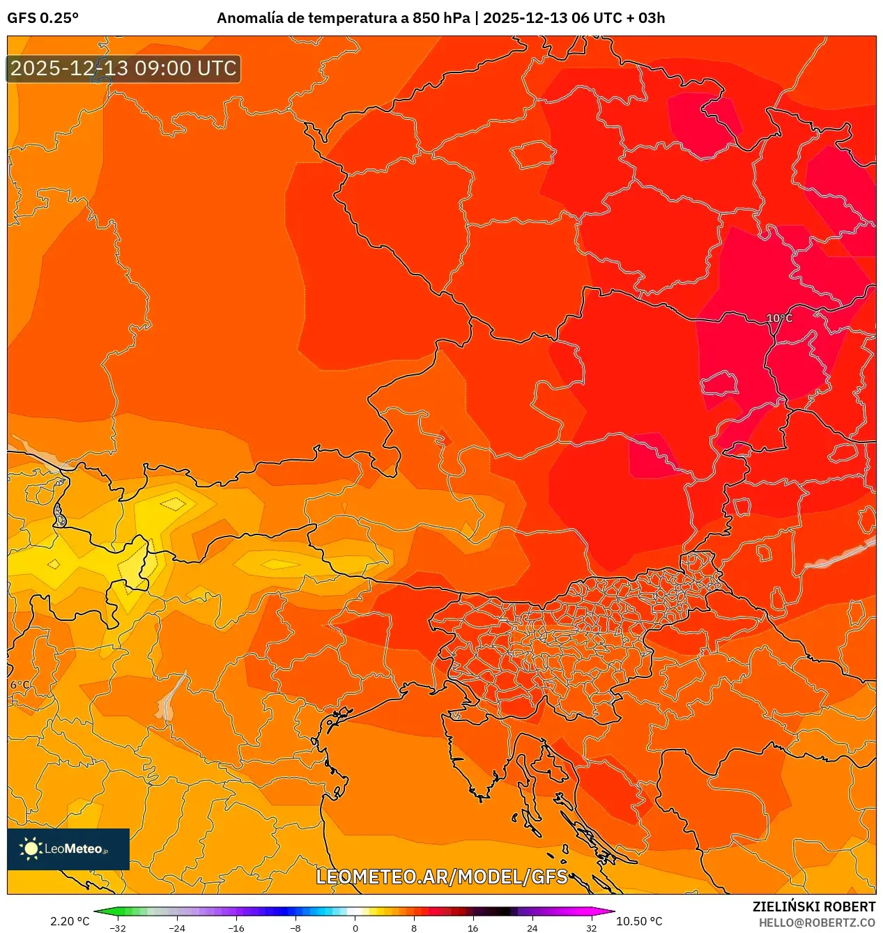 GFS model - Austria, Anomalía de temperatura a 850 hPa