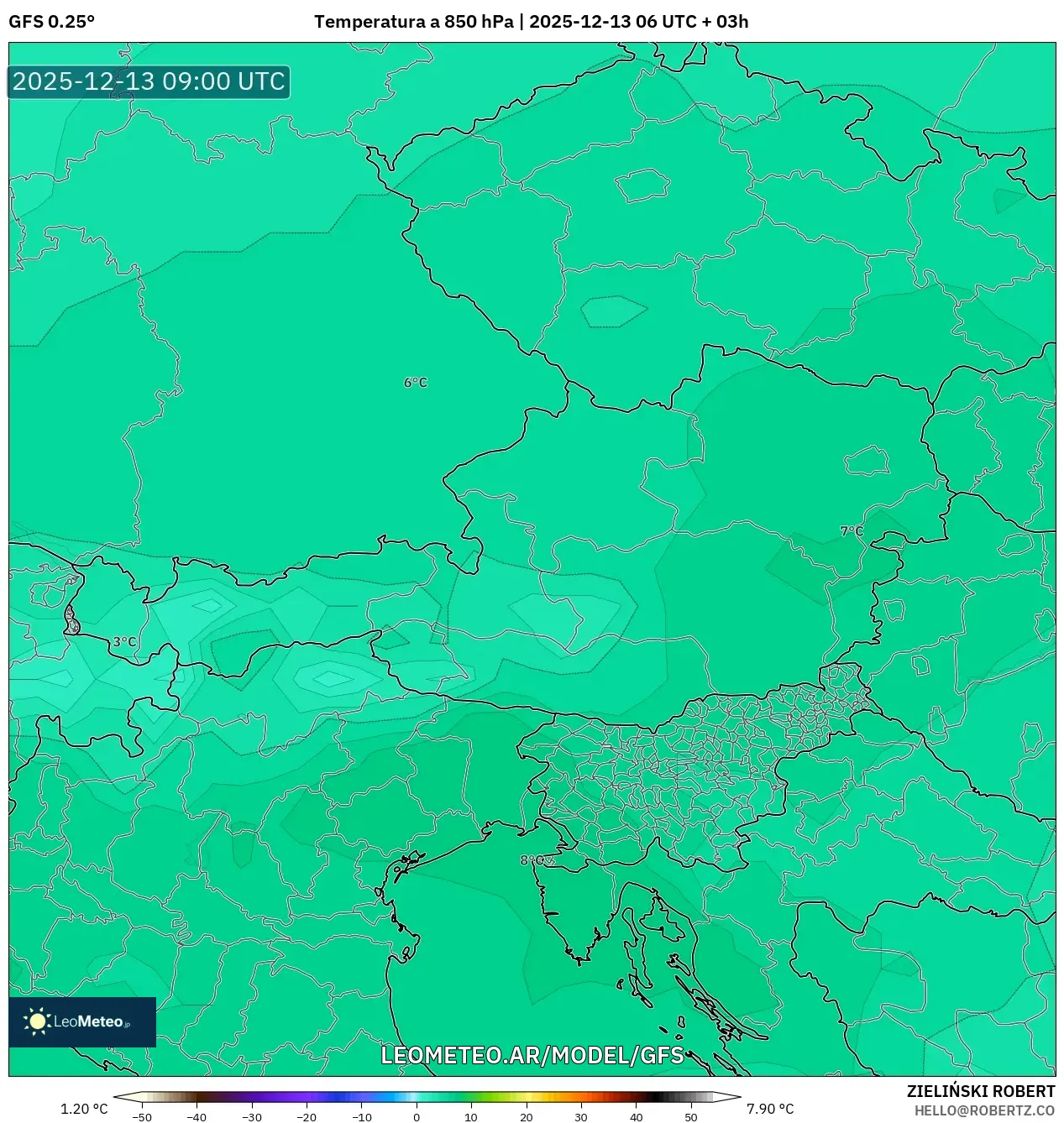 GFS model - Austria, Temperatura a 850 hPa