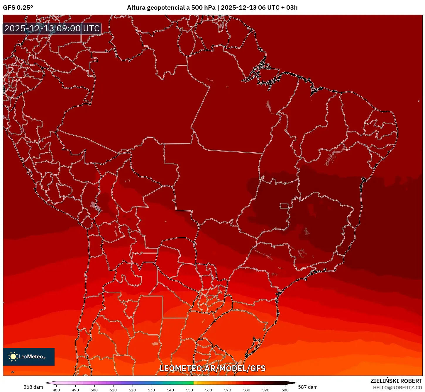 GFS model - Brasil, Altura geopotencial a 500 hPa