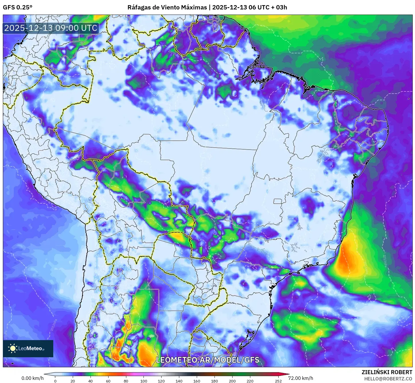 GFS model - Brasil, Ráfagas de Viento Máximas