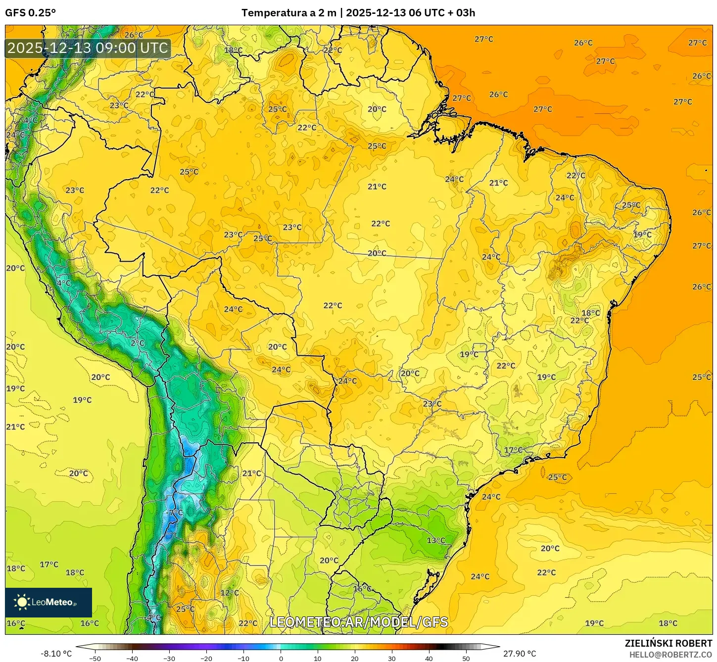 GFS model - Brasil, Temperatura a 2 m