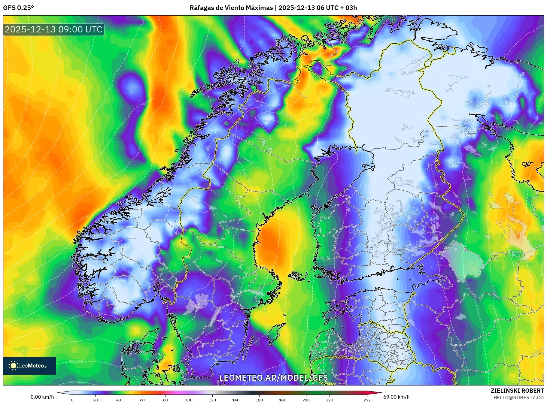 GFS model - Escandinavia, Ráfagas de Viento Máximas