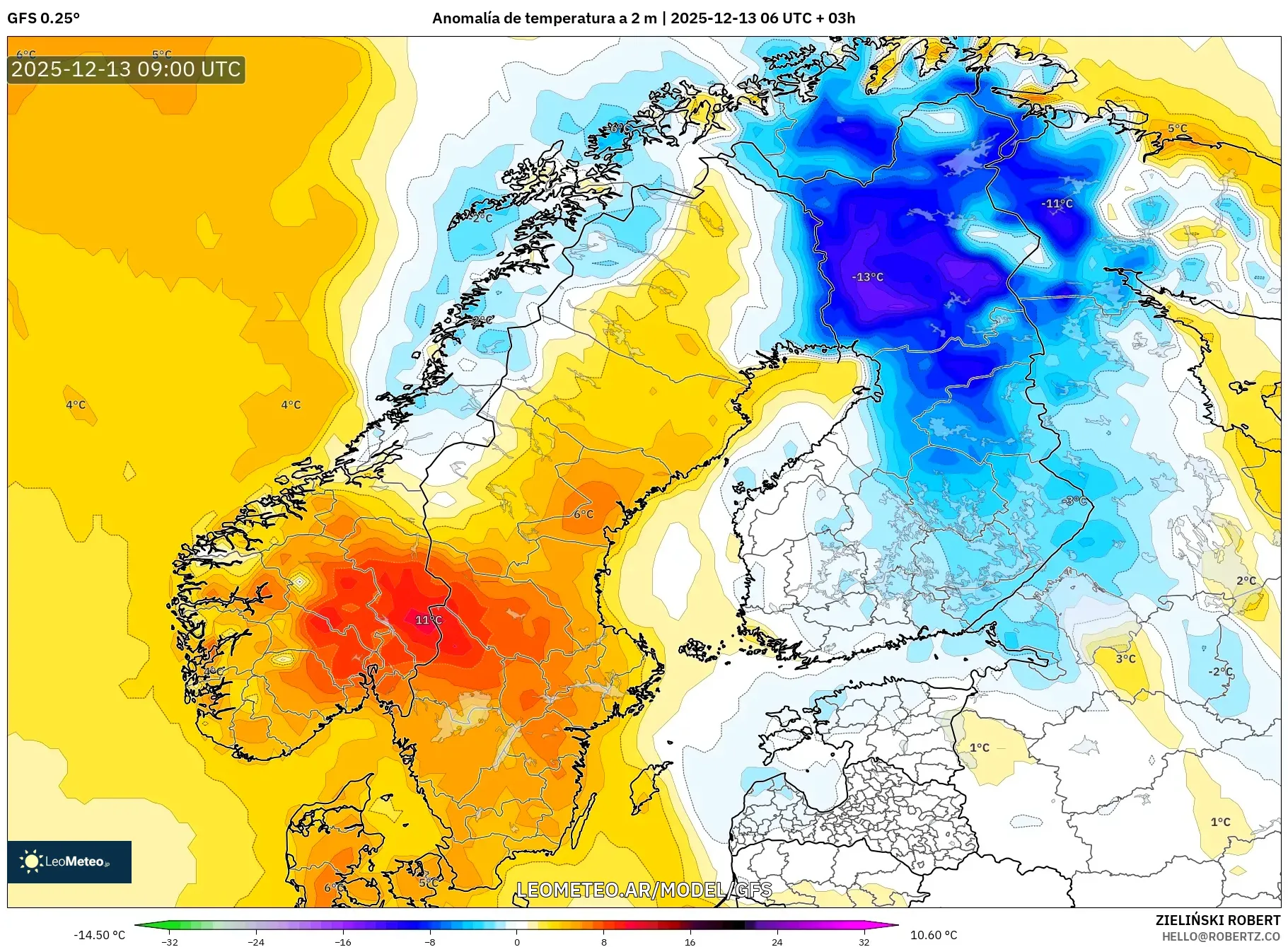 GFS model - Escandinavia, Anomalía de temperatura a 2 m